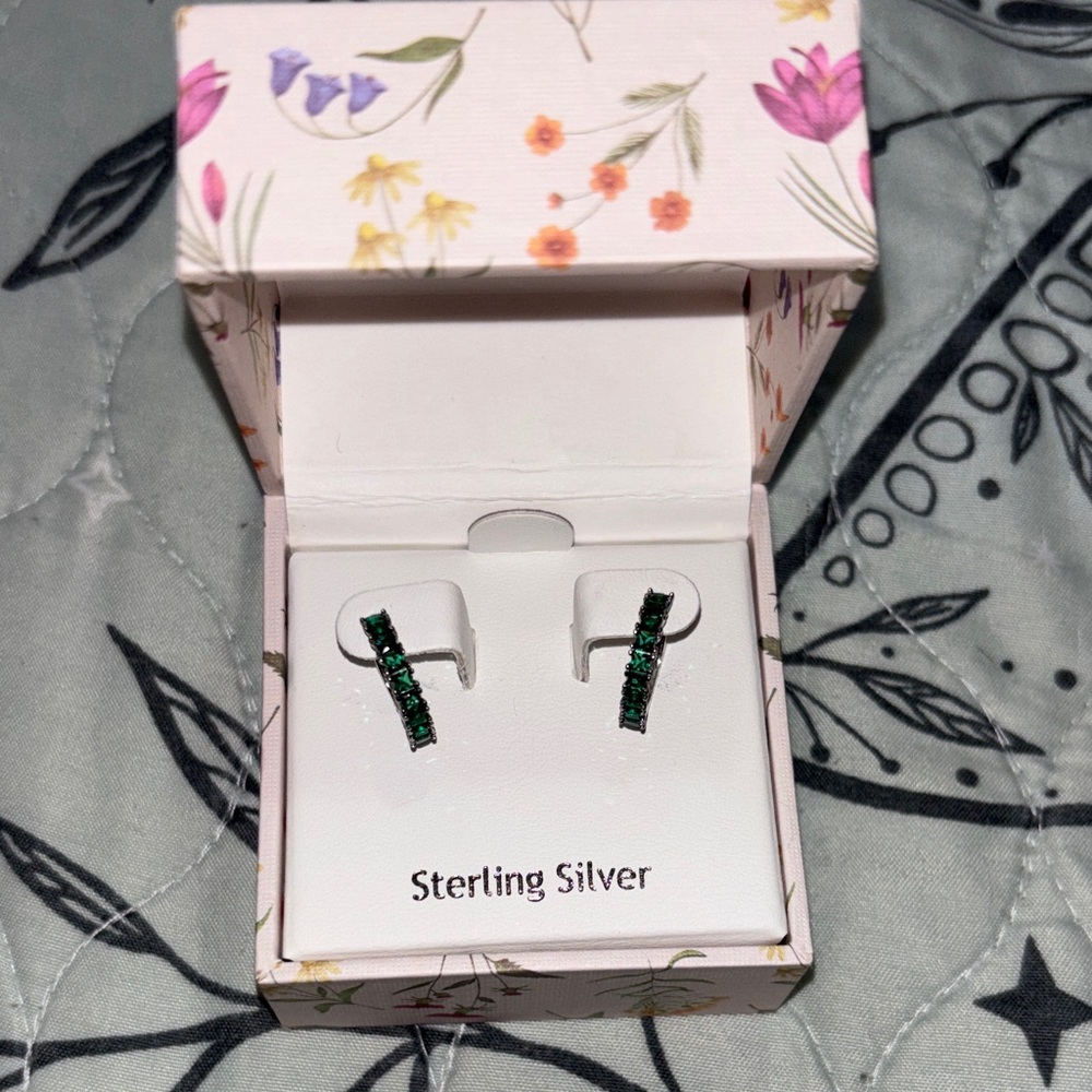 Emerald cubic zirconia  Sterling Silver Green Hoop Earrings